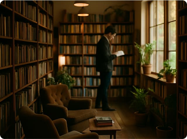 A cozy independent bookstore interior with wooden bookshelves